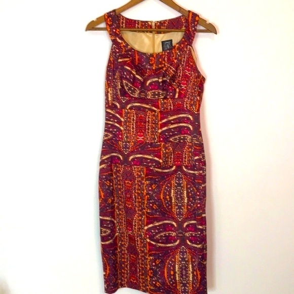 Jax Satin Rich Multicolor Deep Warm Art To Wear Print Fitted Sheath Dress size 6 - Picture 1 of 7